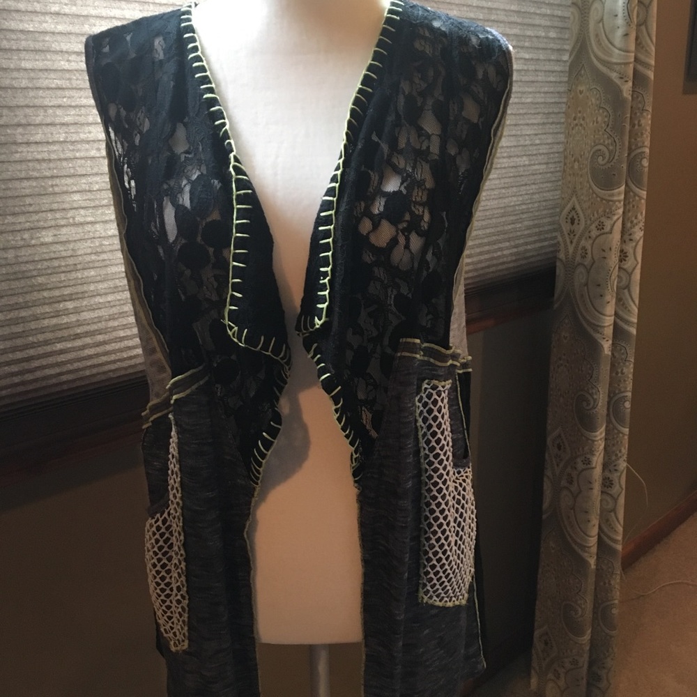 Black lace and gray knit vest with pockets